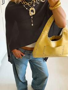 女士不对称披肩领 Y2K 风格蝙蝠袖短款针织上衣，轻薄透气套头毛衣，适合海滩、度假、返校季、春夏穿着 - 黑色 - 查看 5