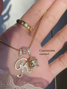 1pc Minimalist Cubic Zirconia Heart Gemstone Initial Letter DIY Necklace, Customized Simple Letter Name Necklace, Stainless Steel Initial Pendant Necklace, Fashionable, Casual, Personalized, Unique Gift For Girlfriend, Mom, Family, Friend, Anniversary, Valentine's Day, Mother's Day, Birthday, Graduation, Daily Wear, Wedding, Party - Gold - View 4