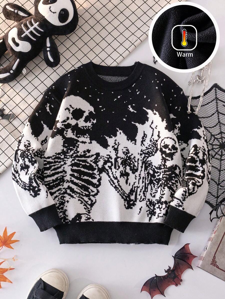 Boys' Halloween Skeleton Knitted Pullover Sweater, Suitable For Holiday, Spring, Autumn And Winter - Black - View 1