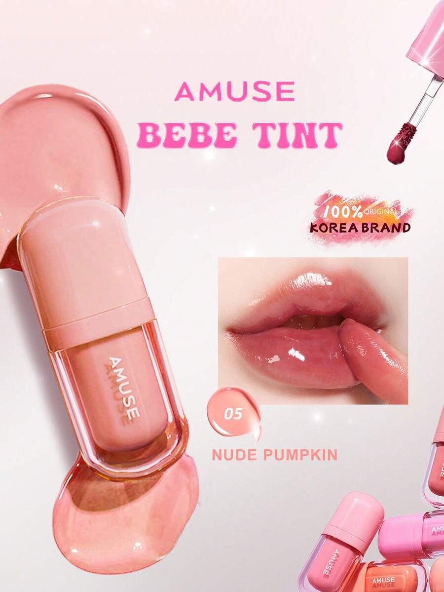 AMUSE BEBE Tint 05 裸南瓜色，轻轻一抹即可呈现鲜艳色彩，丝绒哑光质地，显色饱满持久。轻盈舒适，果香怡人，日常唇釉，韩式彩妆，礼盒装，3.8克/0.13盎司
