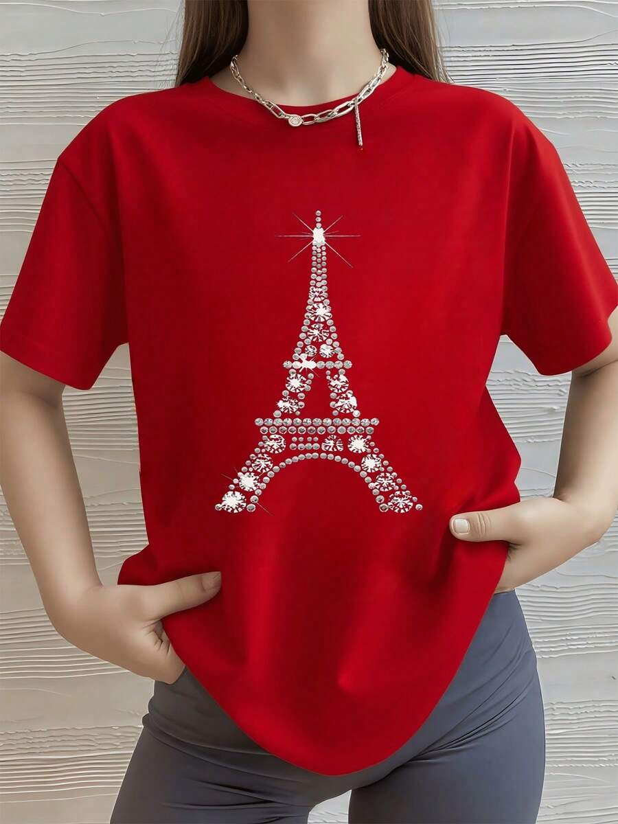 Eiffel Torre Camisa de T con estampado digital de 220 gramos Diseño París 1 unidad de 100% algodón puro Elegante Camiseta casual de manga corta para mujer de talla grande - Rojo - Ver 1
