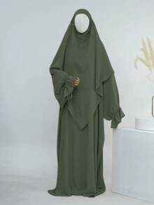 1 套柔软 Abaya 穆斯林连衣裙伊斯兰女装，Abaya 迪拜伊斯兰服装，长袍喇叭袖设计，搭配纯色头巾，经典百搭上衣 - 彩色 - 查看 14