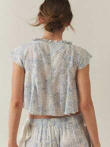 Women Y2K Pajamas Set Floral V-Neck Tie-Front Top And Elastic Pants Set Cute Loungewear Soft Pretty Sleepwear Fall Summer Spring Pjs - Màu be - Xem 6