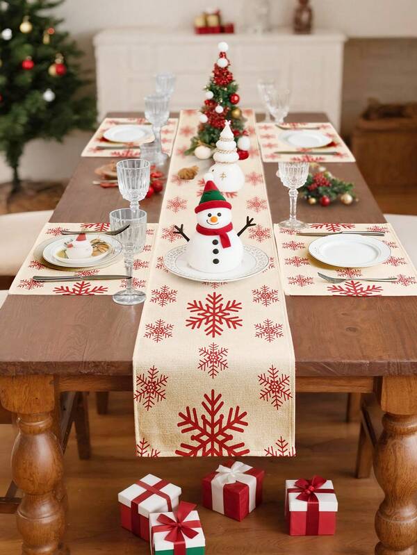 1/2/3/4/5pcs Linen Table Runner & Placemat Set, Heat & Stain Resistant, Wrinkle-Free, Machine Washable, Snowflake Pattern, Christmas Decorations, Suitable For Home Dining Room And Restaurant, Table Decoration, Home Supplies