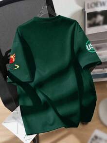 男童篮球印花圆领T恤，休闲柔软夏季青少年上衣 - 墨綠色 - 查看 2