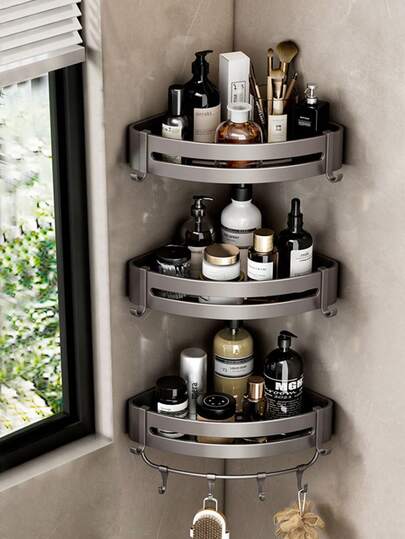 浴室收纳架，无需钻孔即可悬挂在墙上。三角形置物篮，适用于浴室淋浴房和卫生间。可放置沐浴露。墙角置物架，适用于卫生间和洗手盆。适用范围：浴室、洗手盆、厨房、洗衣房、浴室收纳。浴室配件，浴室工具