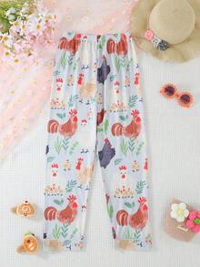 2 件套女孩和青少年休闲卡通小鸡印花翻领长袖开衫和裤子睡衣套装，阻燃，适合所有季节