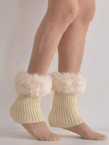 1 Paio di Scaldamuscoli Caldi da Donna, Scaldamuscoli Corti Imbottiti e Lavorati a Maglia Rigati per Autunno/Inverno, Scaldamuscoli Corti con Bordo Soffice di Colore Unito