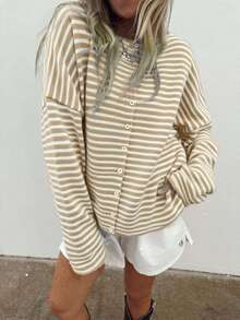 Áo khoác cardigan dệt kim kẻ sọc dáng rộng thời trang thu đông mới của Vivid Style dành cho nữ, phong cách đường phố, sân bay, Giáng sinh, áo len Giáng sinh, năm mới. - Màu Khaki - Xem 7