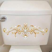 Golden Flower Toilet Stickers, Gold Floral Art Toilet Lid Decals Removable Self-Adhesive Vinyl Peel And Stick Wall Stickers For Bathroom Restroom WC Bathtubs Door Furniture Home Decoration Room Decor Bedroom Decor Kitchen Decor Wall Decor