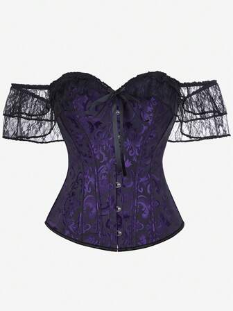 露肩蕾丝边装饰束胸上衣、紧身胸衣、紧身胸衣、无肩带女式外套、万圣节复古滑稽舞台表演服装