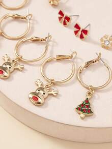 6 Pairs/Set Fashionable & Cute Christmas Gift Box, Christmas Tree, Reindeer, Snowflake, Rhinestone, Bow Stud Earrings Set, Minimalist Metal, Versatile For Daily, Holiday Wear, Christmas Gift