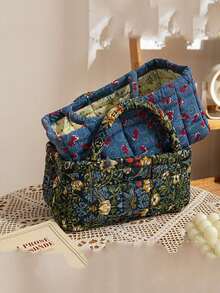 Floral Pattern Storage Basket Women Quilted Floral Laundry Baskets Small Storage Bin Laundry Organizers Easy Carry Handles Hampers Travel Tote Bag - Multicolor - View 2