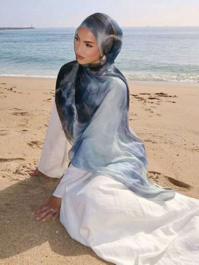 1pc Women's Printed Headscarf, Bohemian Watercolor Chiffon Scarf, Suitable For Autumn Daily Wear