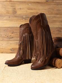 Women Cowgirl Western Boots Fringe Tassel Chunky Block Heels For Mid Calf Slip On Retro Casual Fashion Festival Ridding Shoes Brown Boots - 棕色 - 查看 3