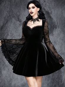 Ladies' Gothic Sexy And Elegant Halloween Ghost Bride Party Role Play Witch Costume, Lace Trim Velvet Dress - Black - View 6