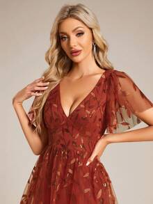 فستان سهرة رسمي للحفلات مع أكمام فراشة مزخرف بالترتر الأزهار باللون البرتقالي المحروق للضيوف والعرائس