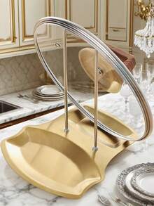 1pc Stainless Steel Pot Lid Organizer - No Drill Countertop Stand Utensil Hooks & Removable Drip Tray