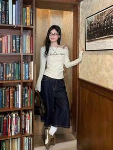 斜肩格纹系带打底衫，秋季字母印花修身长袖女式上衣，情人节、秋冬季/春季款