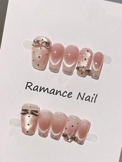 10pcs Sweet Pink Gradient Handmade Nails Press On Nails, 3D Bow & Metal Decor With Dots Cat's Eye French Nail Tips, Shiny Full Cover Fake Nails, Medium - Length Coffin Nails, With Jelly Glue And Nail File, Romantic Style Nails For Women