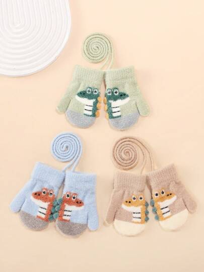 1 Pair Cute Cartoon Dinosaur Baby Warm Halter Hand Gloves, Suitable For Autumn/Winter
