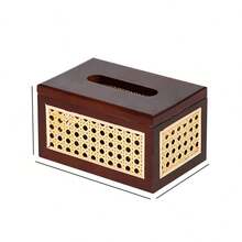 Wooden Tissue Box With Rattan Woven Tabletop, Wooden Tissue Paper Storage Box, Suitable For Living Room And Dining Room Tissue Box.