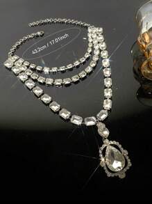 Andkiss 1pc Multi-Layered Rectangle & Waterdrop Shaped Cubic Zirconia Pendant Necklace - Silver - View 3