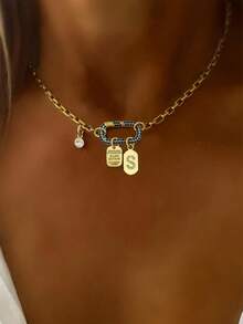 1 chiếc vòng cổ STYLEVER mạ vàng chữ cái A-Z 26 chữ, dây chuyền khóa hình bầu dục đính kim cương nhiều màu sắc với hạt vàng, dây thép không gỉ, kiểu dáng thanh lịch độc đáo. - vàng - Xem 3