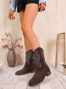 Women's Chunky Heel Suede Fabric Slip-On Embroidered Coffee Brown Western Boots, Low Heel Square Toe Mid-Calf Boots, Fashion Versatile Cowgirl Boots, New Autumn/Winter Short Shaft Cowboy Boots, Suede Fabric Western Style Boots - Coffee Brown - View 5