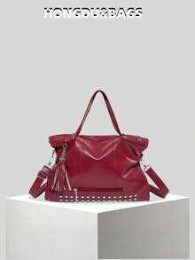 Fashionable New Women's Large Capacity Tote Bag, Minimalist Streetwear Style With Rivet Decor, Multiple Pockets, Zipper Closure, Tassel Pendant, Metal Zipper, Versatile For Travel, Shopping, Commuting