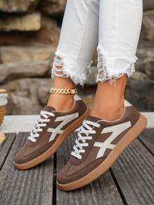 女士休闲百搭条纹运动鞋，女士时尚吸睛舒适橡胶软底运动鞋，女士透气轻便拼接运动鞋 - 棕色 - 查看 6