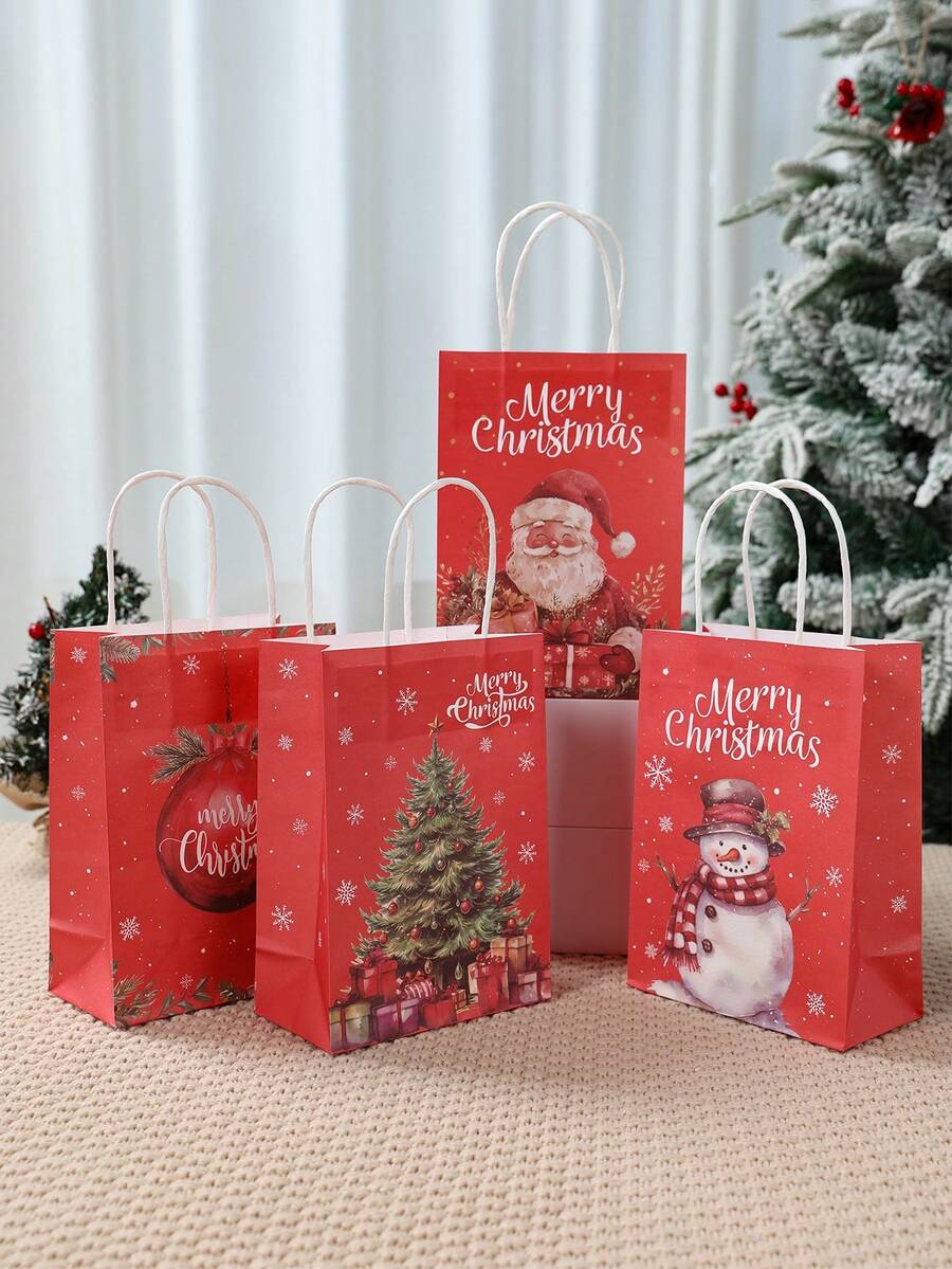 4/8/12 pièces Sacs-cadeaux de Noël en papier kraft, sacs en papier vintage à tenir à la main avec motifs du Père Noël, du sapin de Noël et du bonhomme de neige. Sacs-cadeaux de Noël, sacs fourre-tout pour fête de Noël, sacs-cadeaux pour fête de Noël, décorations de Noël, décorations de cuisine et de table, parfaits pour anniversaire, famille, rangement et courses