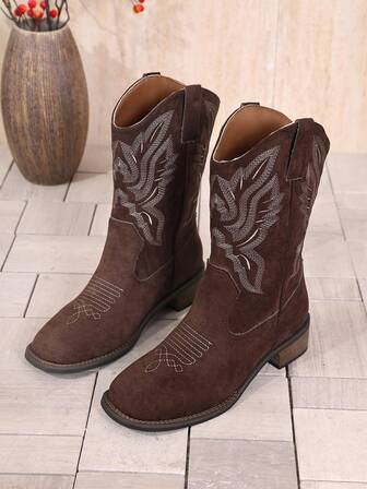 Women's Chunky Heel Suede Fabric Slip-On Embroidered Coffee Brown Western Boots, Low Heel Square Toe Mid-Calf Boots, Fashion Versatile Cowgirl Boots, New Autumn/Winter Short Shaft Cowboy Boots, Suede Fabric Western Style Boots