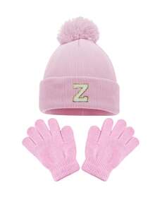 儿童针织帽手套三件套，A-Z字母图案，保暖冬帽，适合3-8岁幼儿日常佩戴 - 粉色 - 查看 8