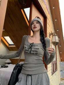 女士休闲修身长袖T恤，舒适别致，秋冬 - 灰色 - 查看 4