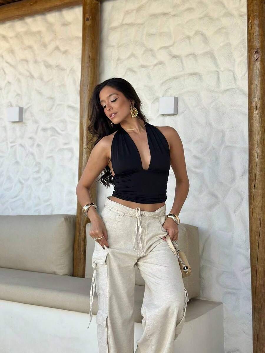 Gringa Multi-Shape Cropped Top With Tie Neckline And Elegant Soft - màu đen - Xem 1