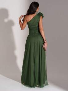 LONG WEDDING PARTY DRESS FOR GODMOTHER IN TULLE WITH FLOWER ON THE SHOULDER - OLIVE GREEN - View 2