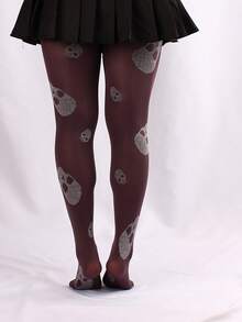 1 Pair 280D Women's Skull Print Tights, Suitable For Spring And Autumn - Black - View 4