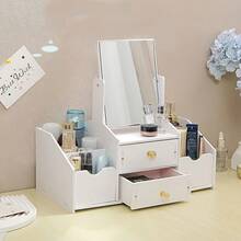 Swivel Dormitory Dresser, Student Dormitory Dresser With Makeup Mirror, Small Makeup Storage Table, Desktop Storage HD Makeup Mirror, Large Capacity Multi-Layer Organizer, Suitable For Home, School. - White Square Mirror - View 6