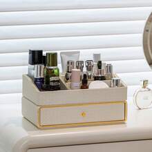 1pc Multi-Drawer Makeup Storage Box, Desktop Organizer, Woven Jewelry Box, Compartmentalized Cosmetic Storage, Large Capacity Makeup Display Rack, Leather Woven Texture Storage Container, Handmade Skincare Bottle & Jar Holder, Suitable For Home Organization, Entryway, Living Room, Bedroom, Vanity