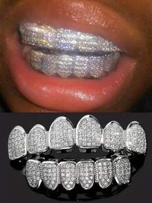 1 Set Fashionable 6-Tooth/8-Tooth Copper Micro-Inlaid Zirconia Metal Hip-Hop Teeth Jewelry, Shiny Stage Props, Nightclub Accessories Unisex