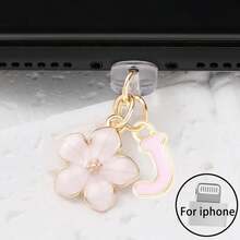 Dop de praf pentru port de încărcare telefon 2 în 1 cu sakura roz + 26 de litere, accesoriu rafinat cu pandantiv din aliaj, proaspăt, dulce și drăguț, decor pentru port de încărcare pentru smartphone, tabletă, căști Kindle, dop transparent anti-praf din silicon, potrivit ca un mic cadou, port de încărcare telefon impermeabil și anti-umezeală, compatibil cu iPhone Lightning/Type-C, protejează ferm portul de încărcare, design drăguț