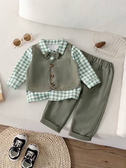 3pcs/Set Gentleman Style Baby Boy Long Sleeve Shirt, Pants And Bow Tie Outfit, Fashionable Suit For Spring & Autumn