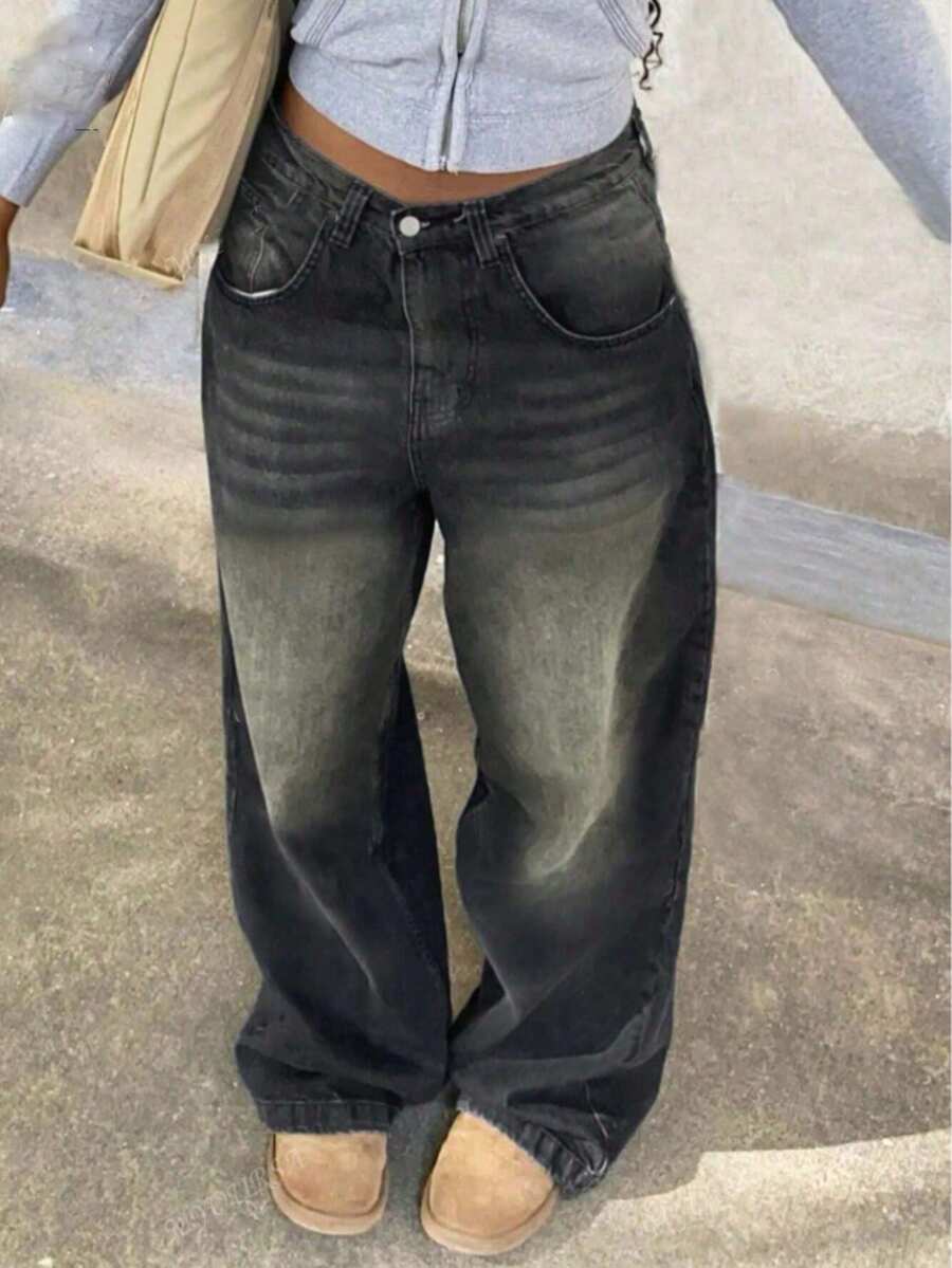 Teen Girl Straight Leg Vintage Casual Jeans - Black - View 1