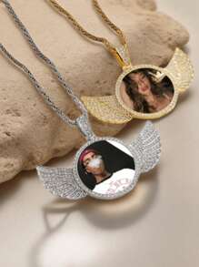 1pc Custom Photo Necklace, Custom Double-Sided Picture Necklace, Hip Hop Style Chain Strap Picture Pendant, Personalized Souvenir Gift, Gift For Men And Women - Golden Round Wings - View 3