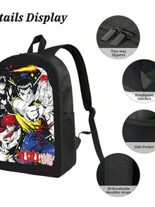 1pc Yu Yu Hakusho Graphic T Printed Backpack, Spacious University Style, Lined With Polyester, Zippered Closure, Hand Washable, Suitable For Daily Commuting And School Travel - Black - View 5