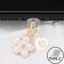 Dop de praf pentru port de încărcare telefon 2 în 1 cu sakura roz + 26 de litere, accesoriu rafinat cu pandantiv din aliaj, proaspăt, dulce și drăguț, decor pentru port de încărcare pentru smartphone, tabletă, căști Kindle, dop transparent anti-praf din silicon, potrivit ca un mic cadou, port de încărcare telefon impermeabil și anti-umezeală, compatibil cu iPhone Lightning/Type-C, protejează ferm portul de încărcare, design drăguț