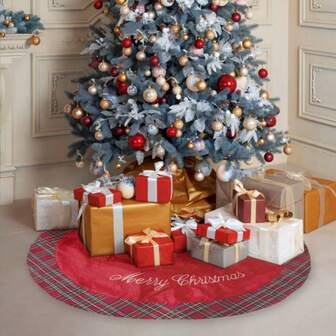 1 件圣诞树裙、经典格子圣诞老人雪人圣诞树地毯、红色格子圣诞快乐门垫