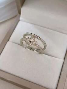 1 pieza Anillo de flor de trébol de cuatro hojas ajustable de doble capa, joyería de moda para mujeres