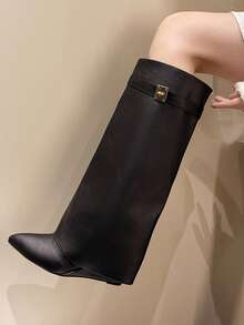 Women's Fashion Boots, Knee-High Boots, Cuff Boots, Western Boots, Pants Boots, Leg Boots, Hot Girl Boots, Buckle Design, Eye-Catching, Suitable For Daily, Indoor/Outdoor, Party, Pair With Skirts, Shorts, Elegant Women Boots, Women's Ankle Boots And Short Boots, Autumn/Winter - Black - View 3